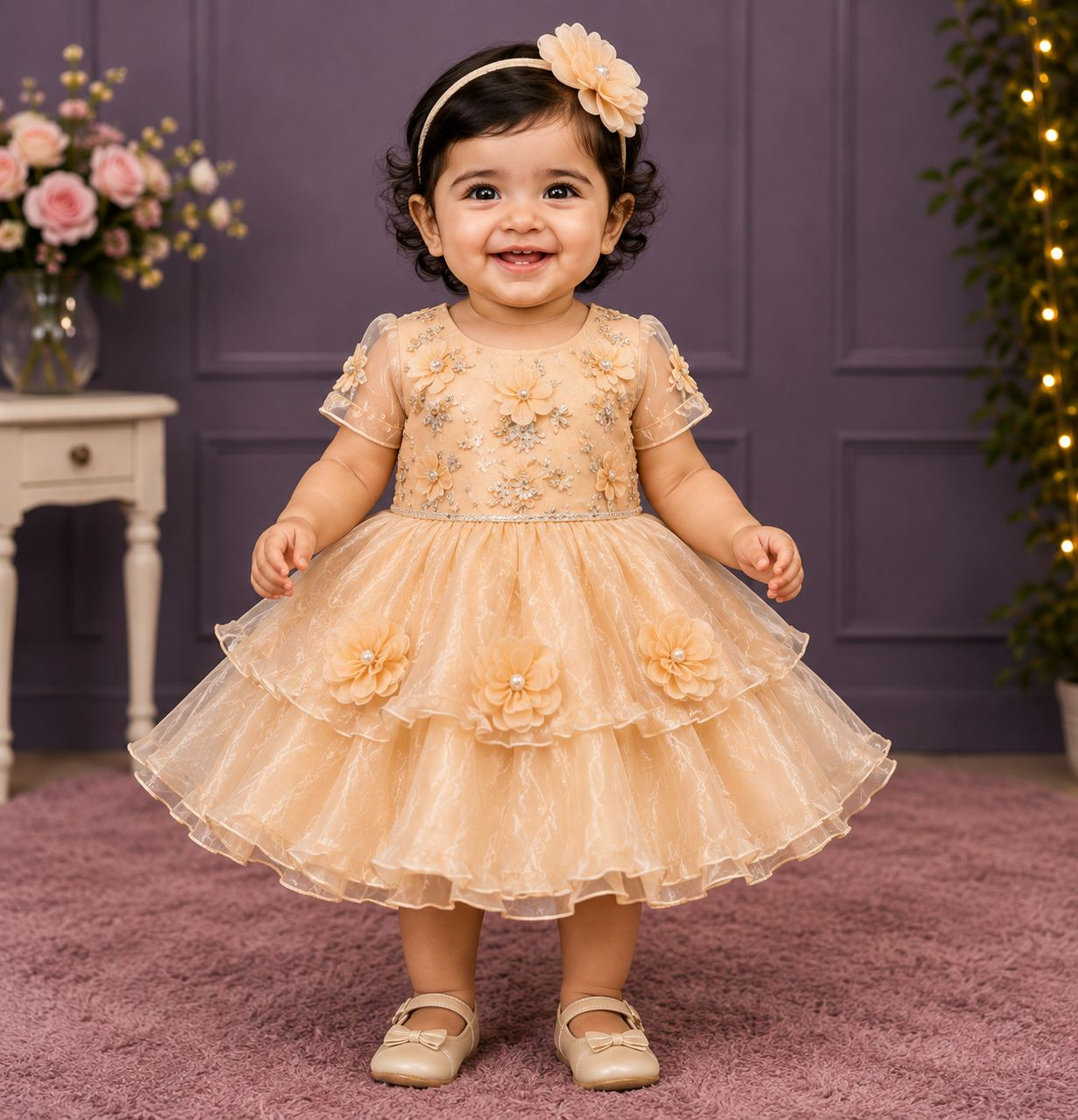 Girls Peach Floral Party Dress
